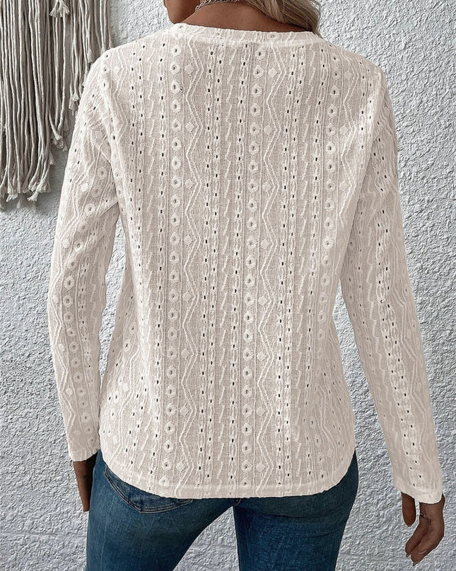 Eyelet Round Neck Long Sleeve Blouse