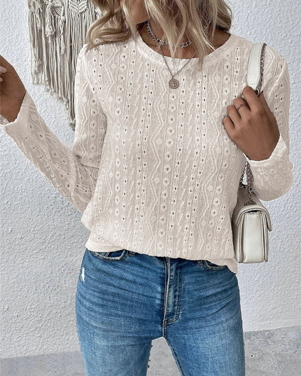Eyelet Round Neck Long Sleeve Blouse