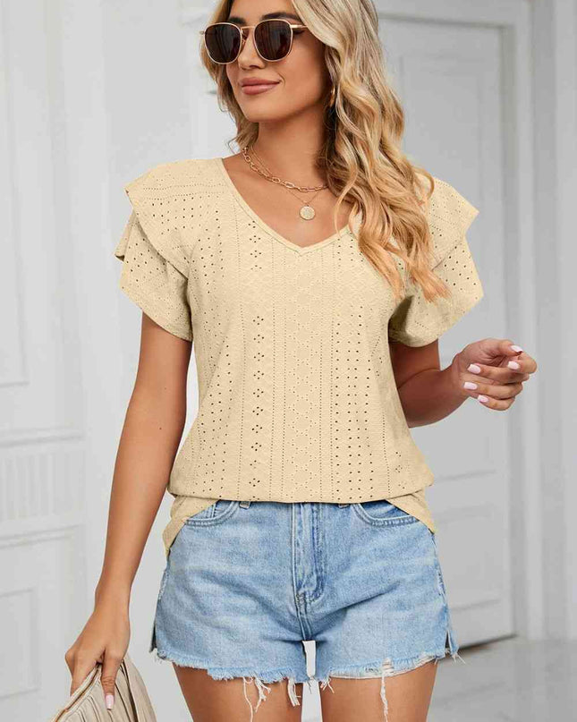 Eyelet Layered Flutter Sleeve V-Neck Knit Top