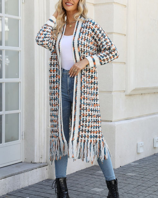 Multicolored Open Front Fringe Hem Cardigan