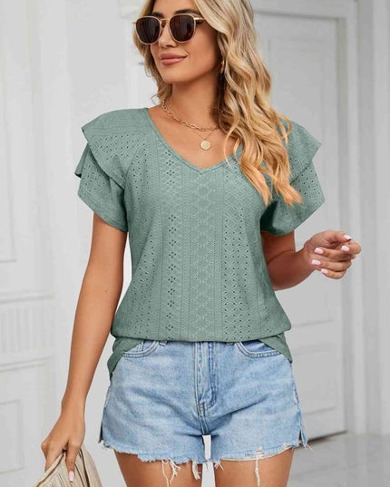 Eyelet Layered Flutter Sleeve V-Neck Knit Top
