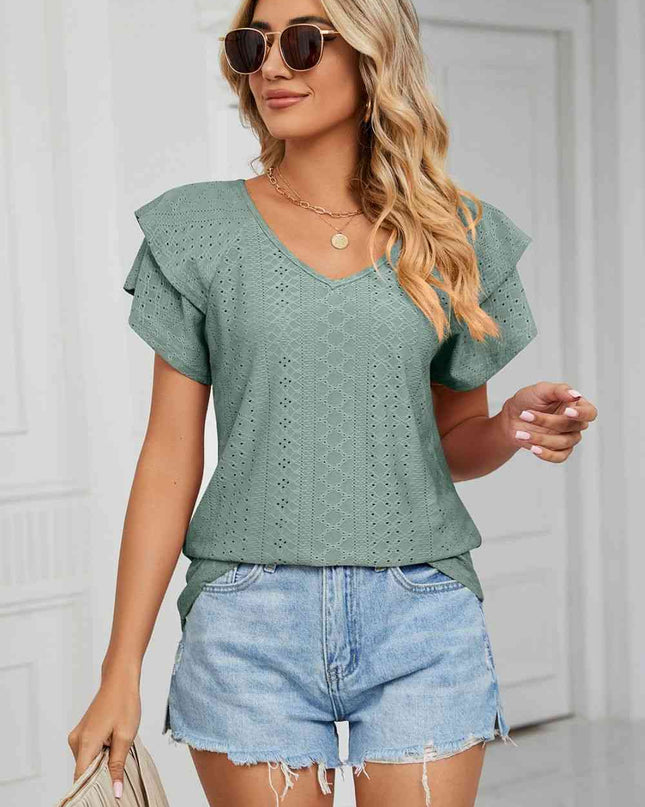 Eyelet Layered Flutter Sleeve V-Neck Knit Top