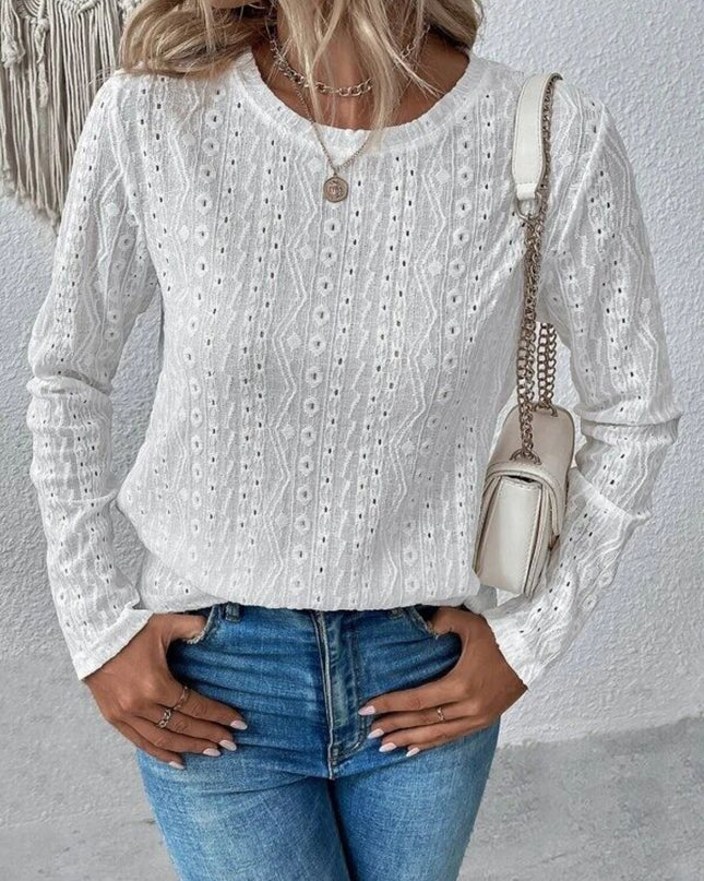 Eyelet Round Neck Long Sleeve Blouse
