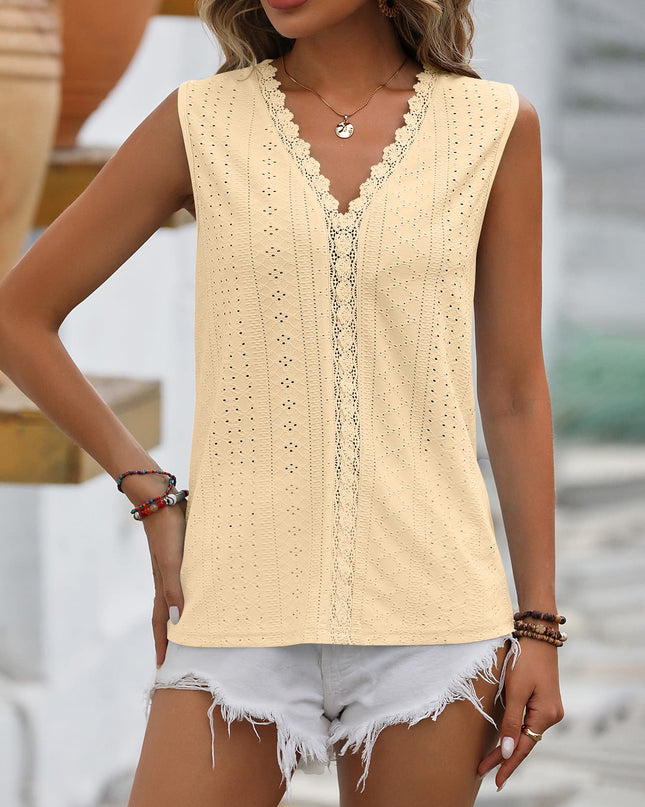 Spliced Lace V-Neck Sleeveless Tank