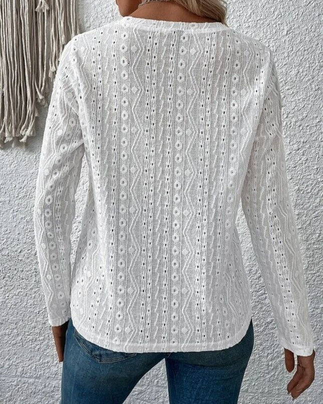 Eyelet Round Neck Long Sleeve Blouse