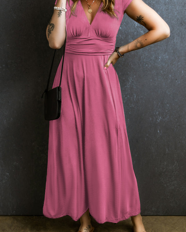 Smocked V-Neck Short Sleeve Dress