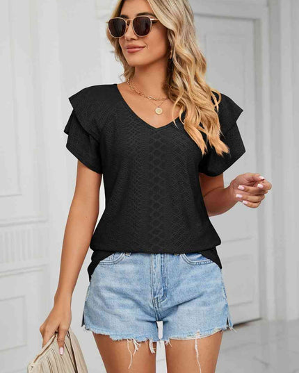 Eyelet Layered Flutter Sleeve V-Neck Knit Top