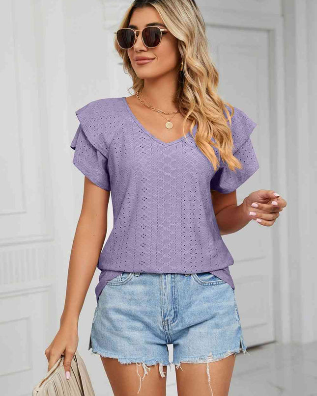 Eyelet Layered Flutter Sleeve V-Neck Knit Top