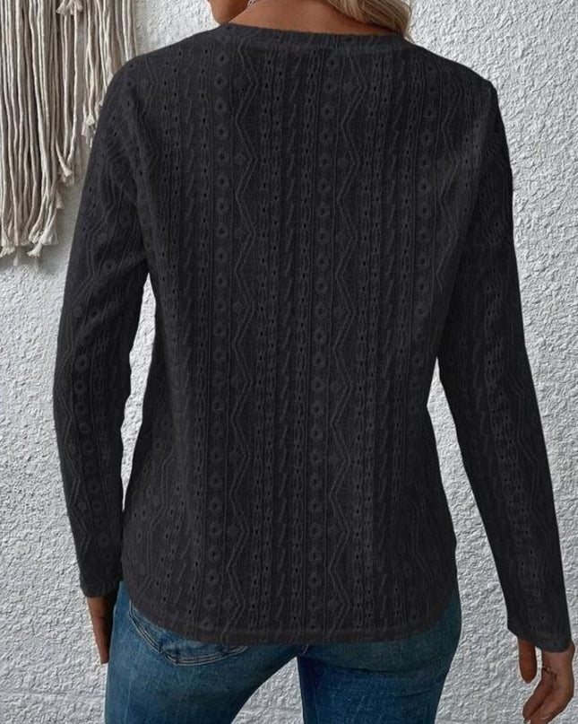 Eyelet Round Neck Long Sleeve Blouse