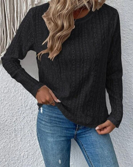 Eyelet Round Neck Long Sleeve Blouse