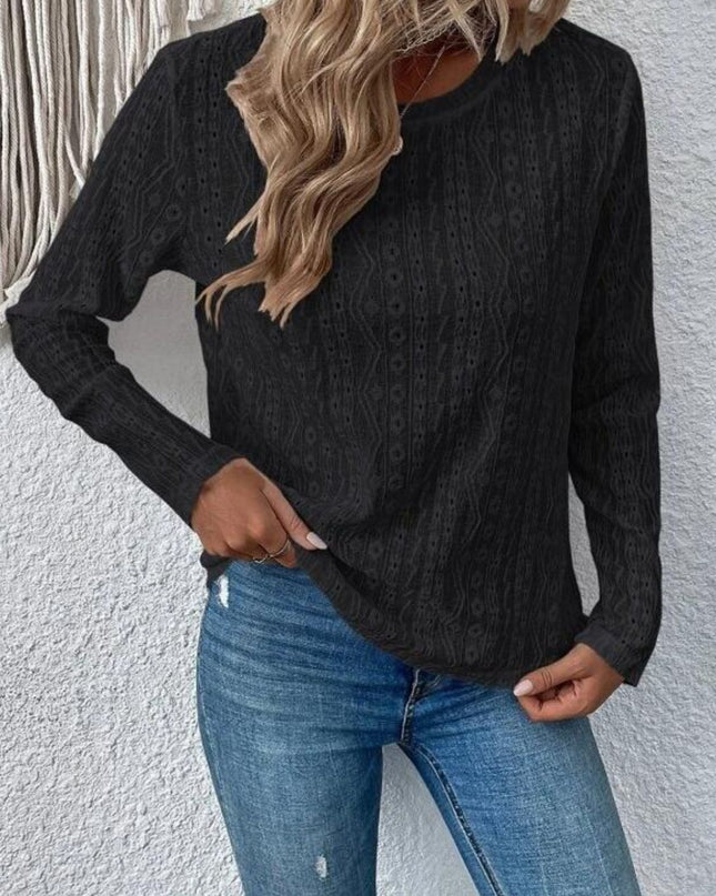 Eyelet Round Neck Long Sleeve Blouse