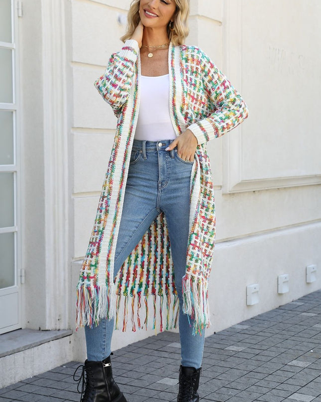 Multicolored Open Front Fringe Hem Cardigan