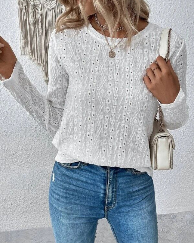 Eyelet Round Neck Long Sleeve Blouse