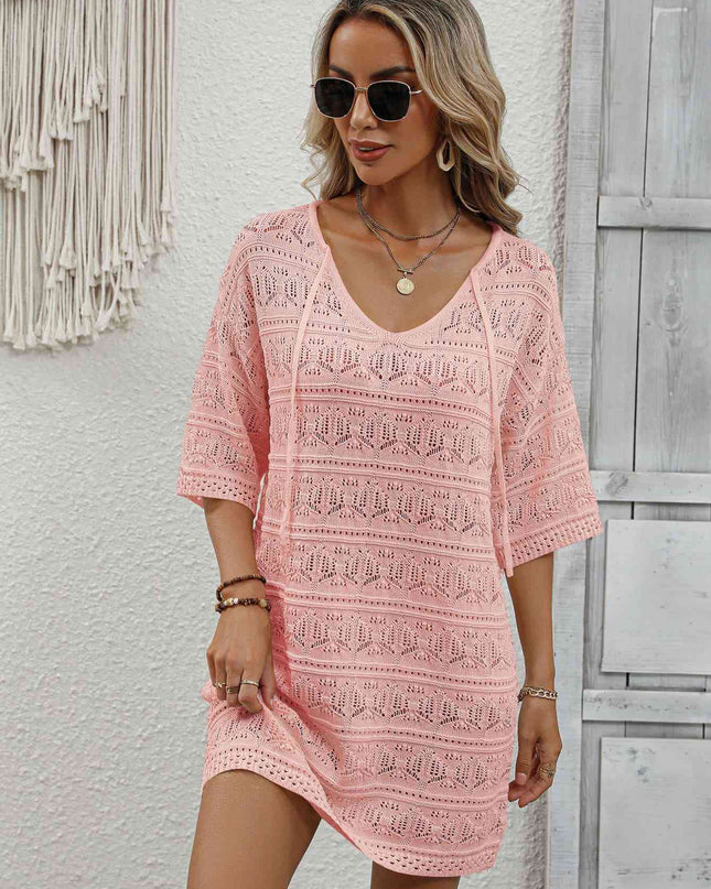 Openwork V-Neck Mini Knit Dress