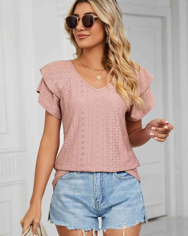 Eyelet Layered Flutter Sleeve V-Neck Knit Top