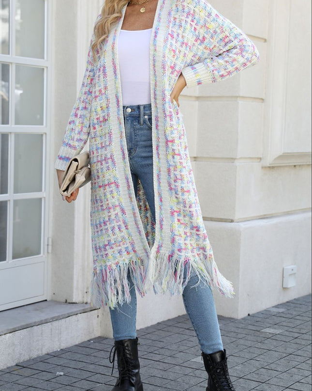 Multicolored Open Front Fringe Hem Cardigan