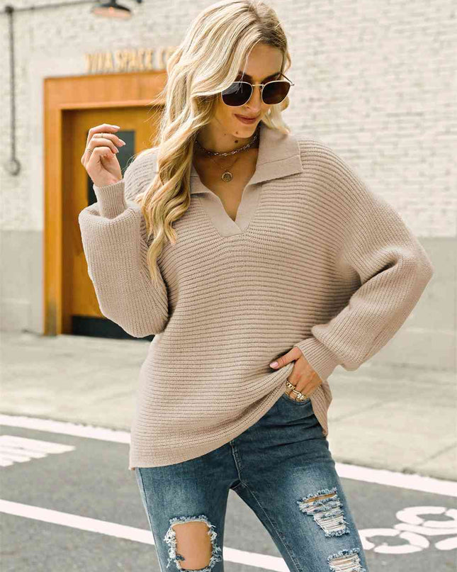Double Take Horizontal Ribbing Johnny Collar Sweater