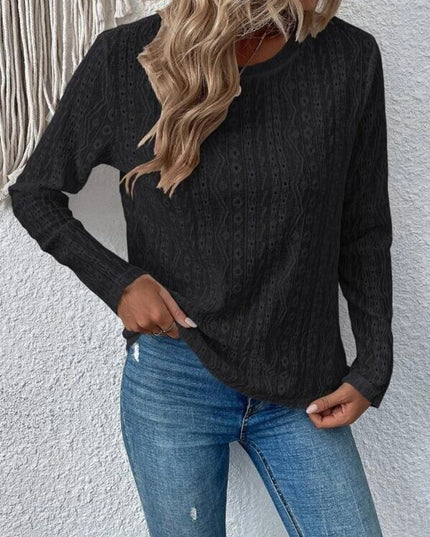 Eyelet Round Neck Long Sleeve Blouse