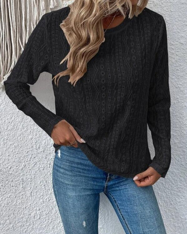 Eyelet Round Neck Long Sleeve Blouse