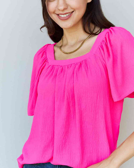 Ninexis Keep Me Close Square Neck Short Sleeve Blouse in Fuchsia