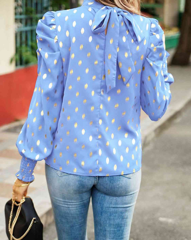 Printed Mock Neck Lantern Sleeve Blouse