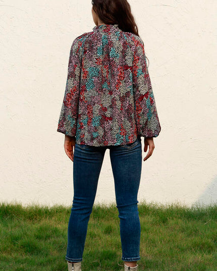 Tie Neck Heathered Balloon Sleeve Blouse