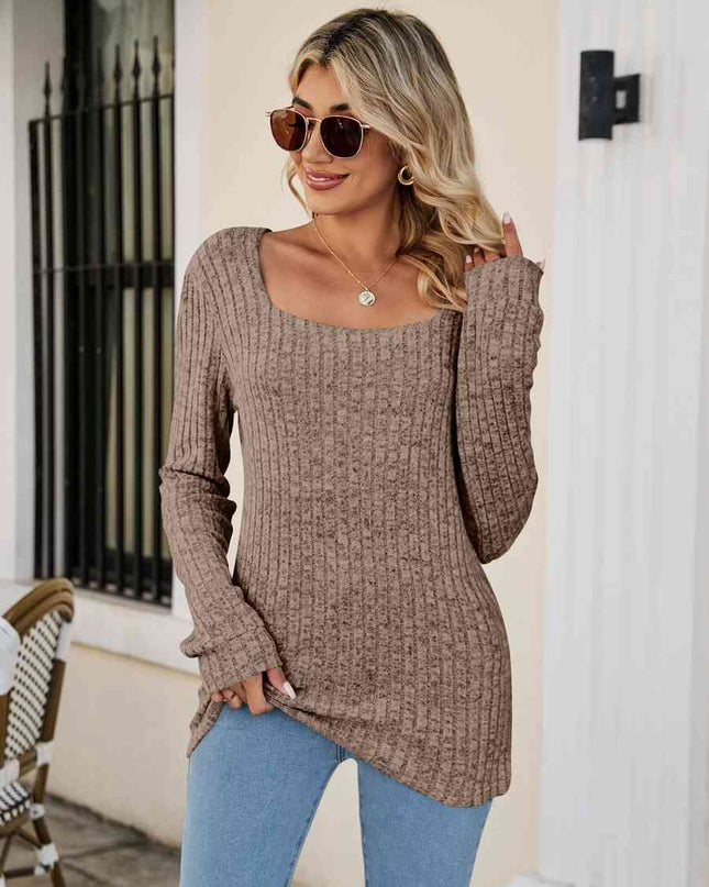 Square Neck Ribbed Long Sleeve T-Shirt