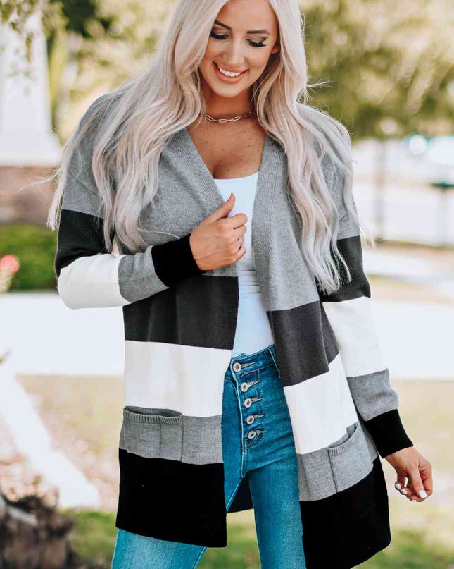 Woven Right Color Block Open Front Ribbed Cuff Cardigan with Pockets