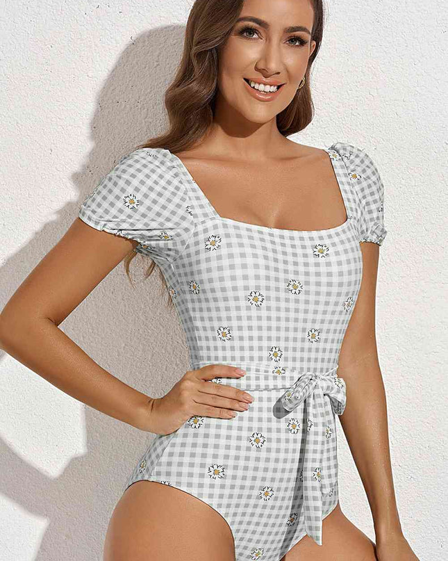 Square Neck Tie Detail One-Piece Swimsuit