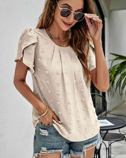 Swiss Dot Round Neck Petal Sleeve Top