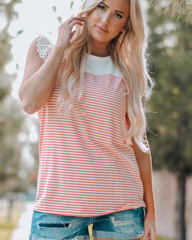Striped Lace Trim Flutter Sleeve Top