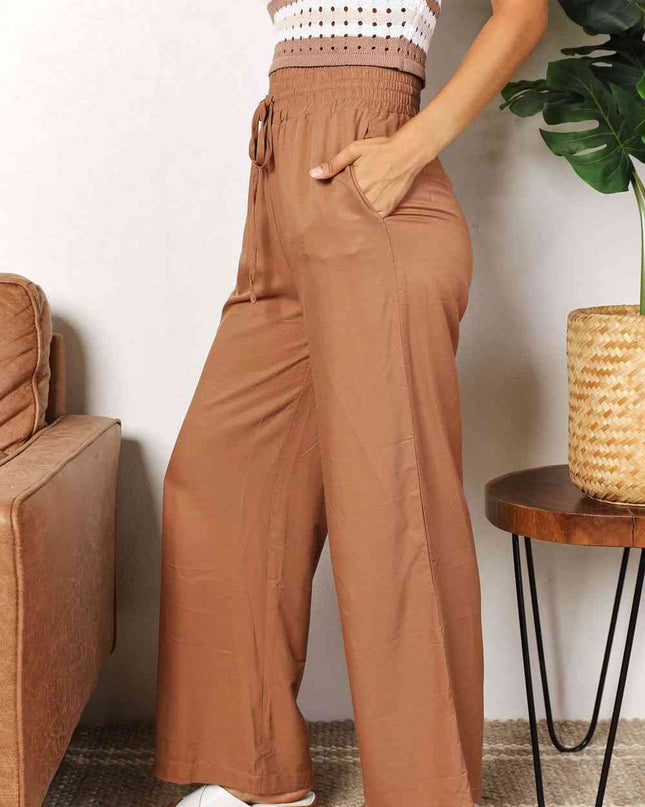 Double Take Drawstring Smocked Waist Wide Leg Pants