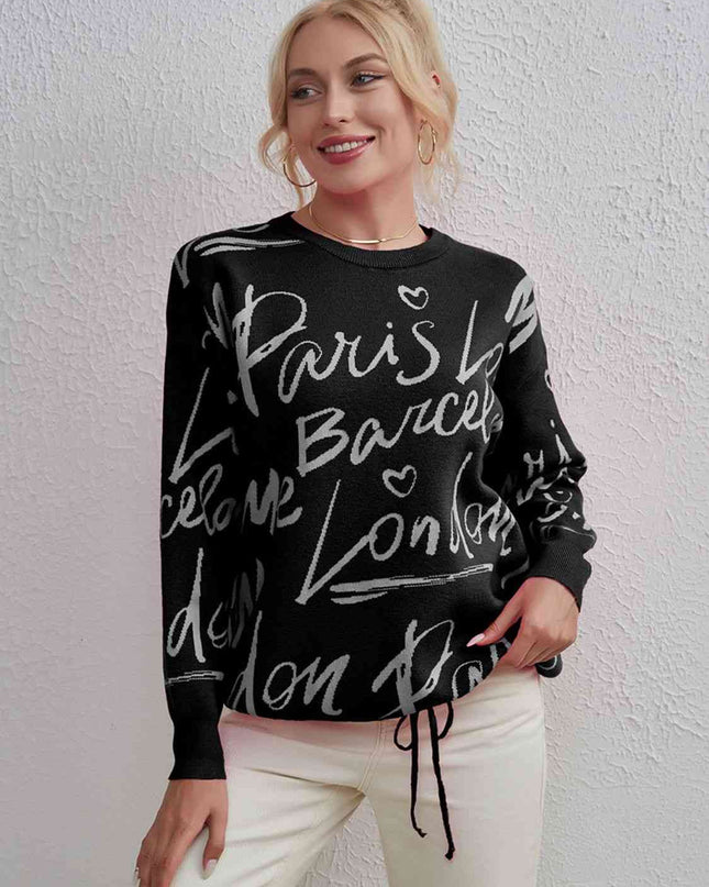 Letter Round Neck Drawstring Sweater