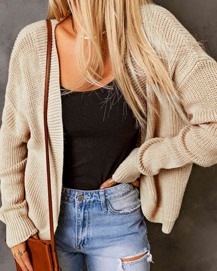 Open Front Drop Shoulder Rib-Knit Cardigan