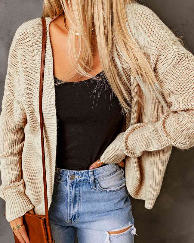 Open Front Drop Shoulder Rib-Knit Cardigan
