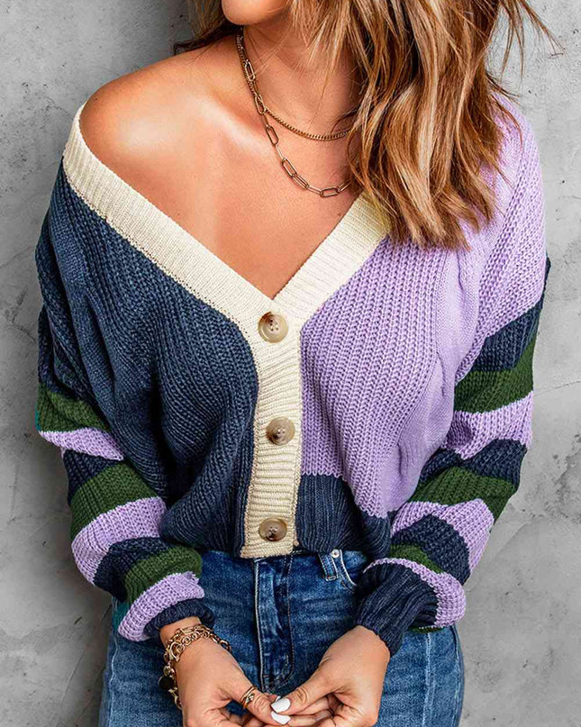 Color Block Rib-Knit V-Neck Cardigan