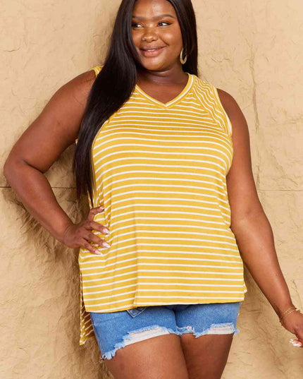 Doublju Talk To Me Full Size Striped Sleeveless V-Neck Top