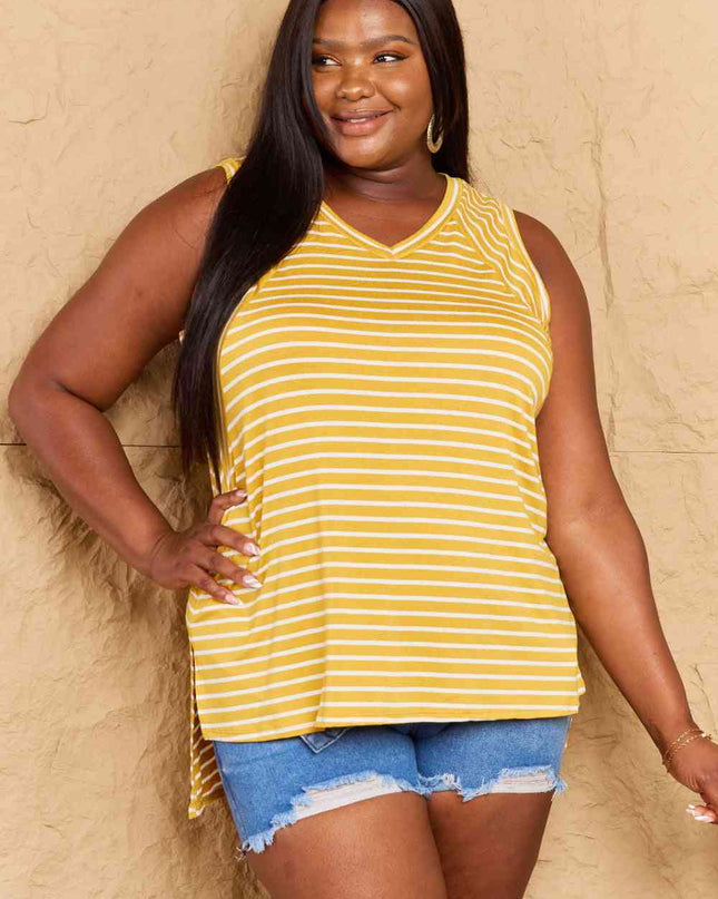 Doublju Talk To Me Full Size Striped Sleeveless V-Neck Top