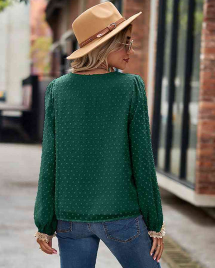 Swiss Dot V-Neck Long Sleeve Blouse