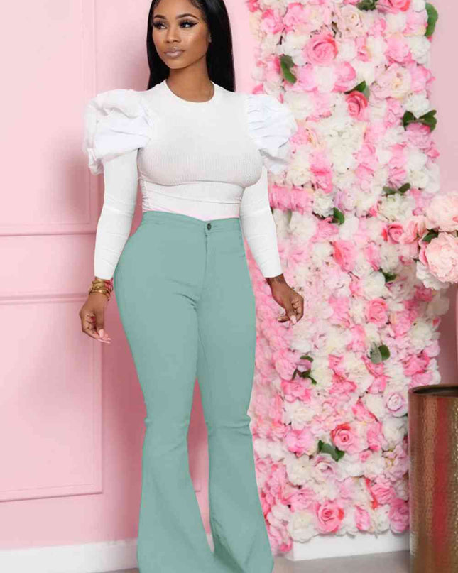 Leg-Of-Mutton Sleeve Top and Flare Pants Set