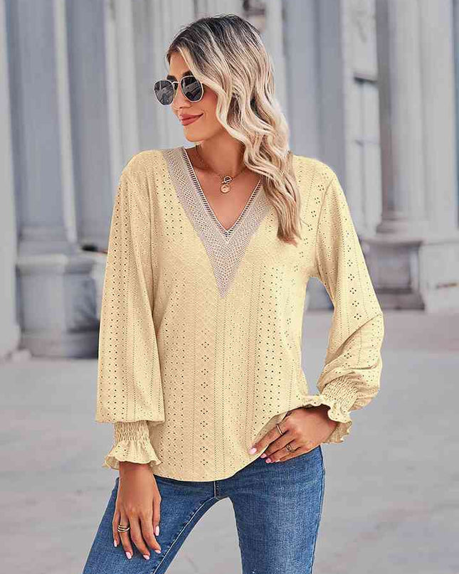 V-Neck Eyelet Flounce Sleeve Blouse