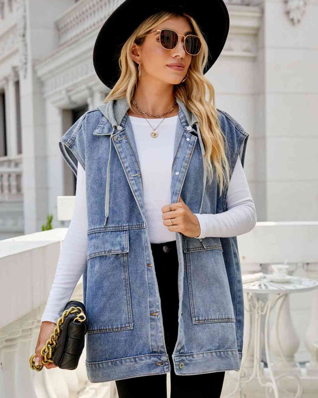 Hooded Sleeveless Denim Top with Pockets