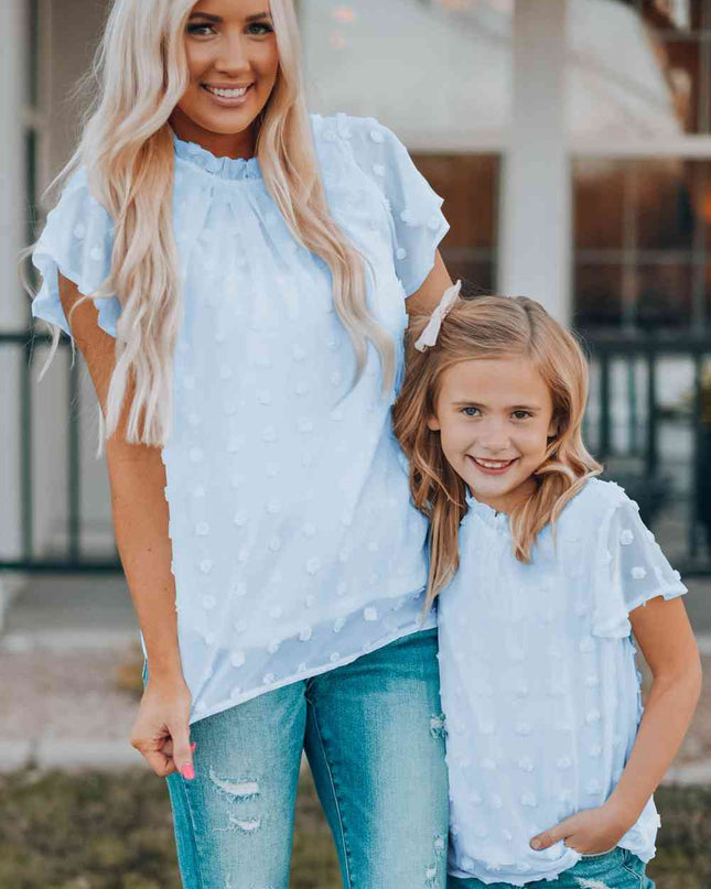 Women Swiss Dot Frill Neck Flutter Sleeve Blouse