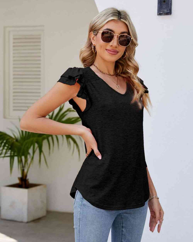 Smocked Flutter Sleeve V-Neck Top