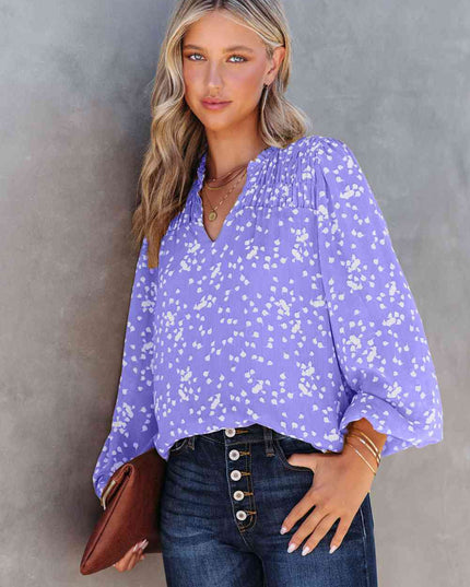 Double Take Printed Notched Neck Smocked Blouse