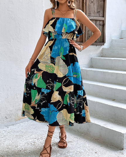 Floral Double-Strap Ruffle Hem Dress