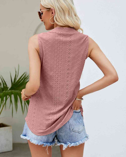 Notched Neck Curved Hem Eyelet Tank