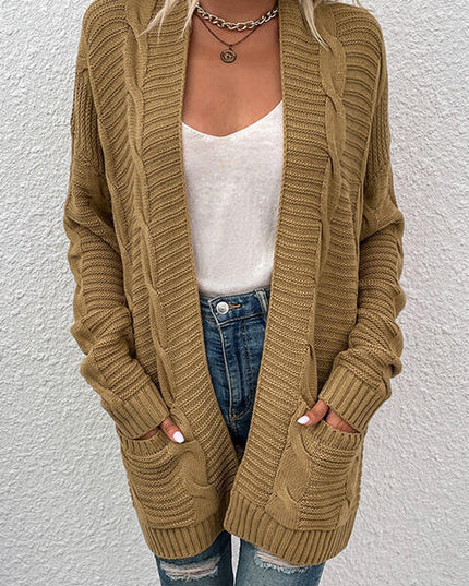 Cable-Knit Open Front Cardigan with Pockets