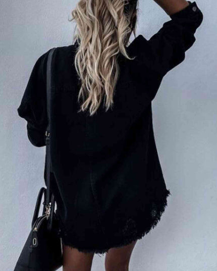 Raw Hem Collared Neck Long Sleeve Denim Jacket