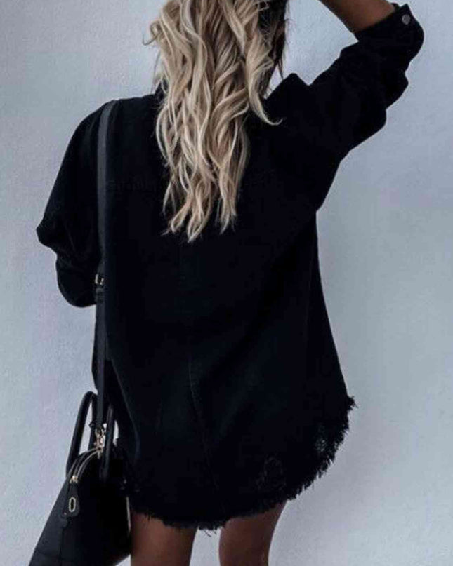 Raw Hem Collared Neck Long Sleeve Denim Jacket